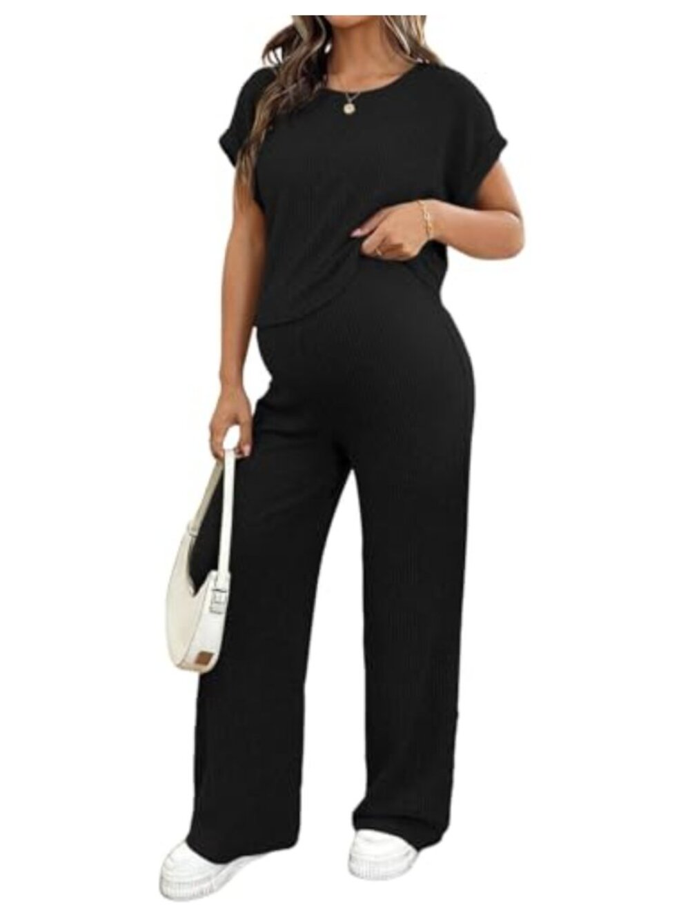 Maternity Pajama Set 2 Piece Ribbed Knit Lounge Outfit Short Sleeve Wide Leg